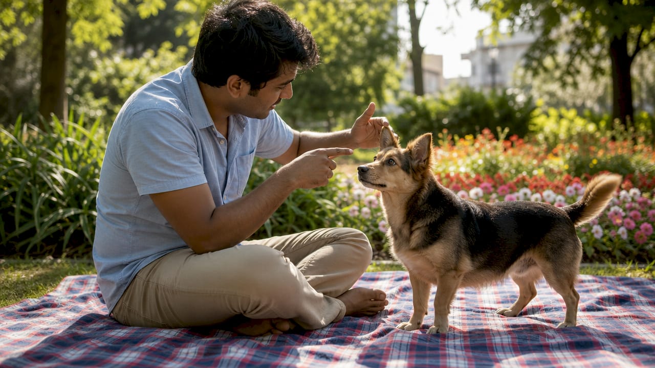 Man observing and interpreting dog's body language