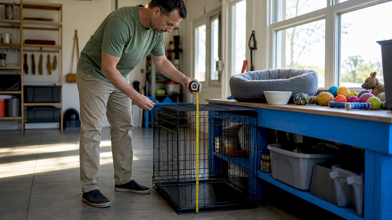 Man measuring dog crate in utility room