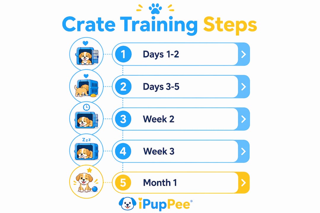 Infographic showing step-by-step puppy crate training schedule