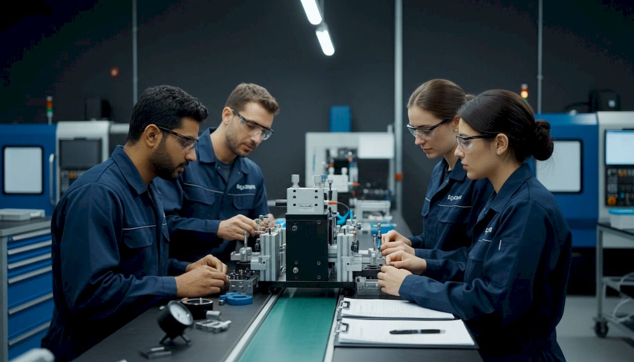 Technicians collaborating on pilot production line