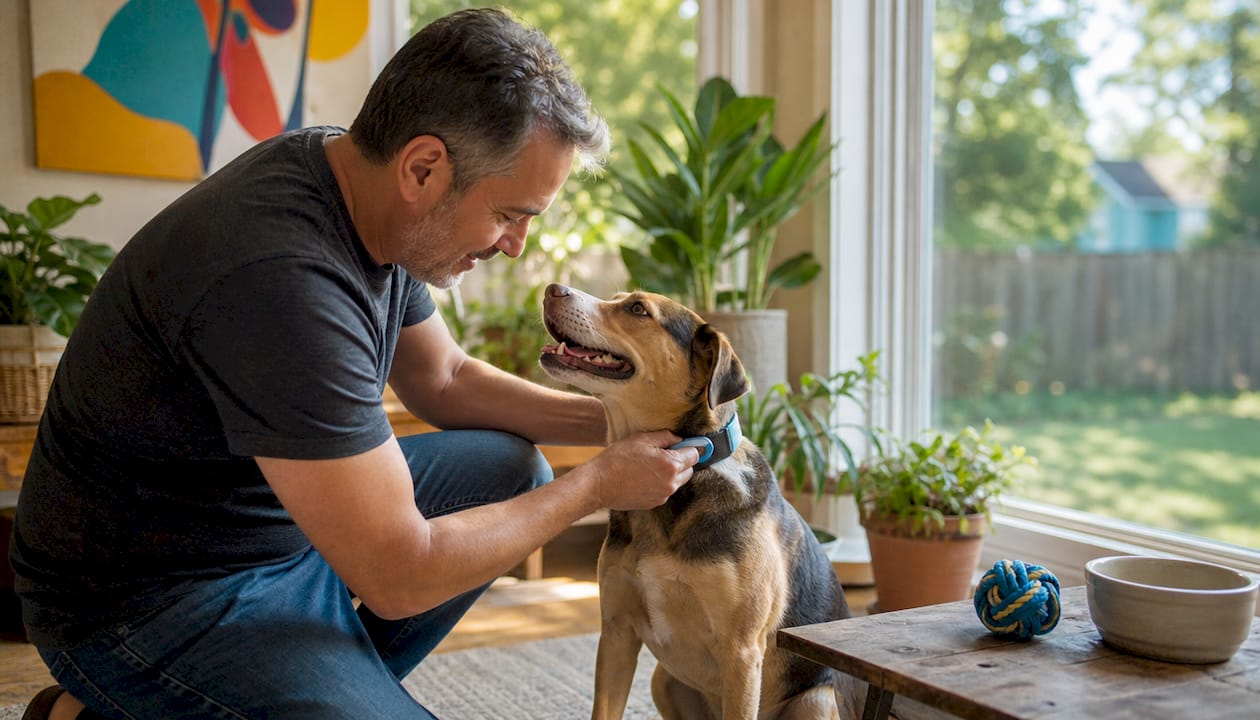 Owner fitting smart pet collar on dog