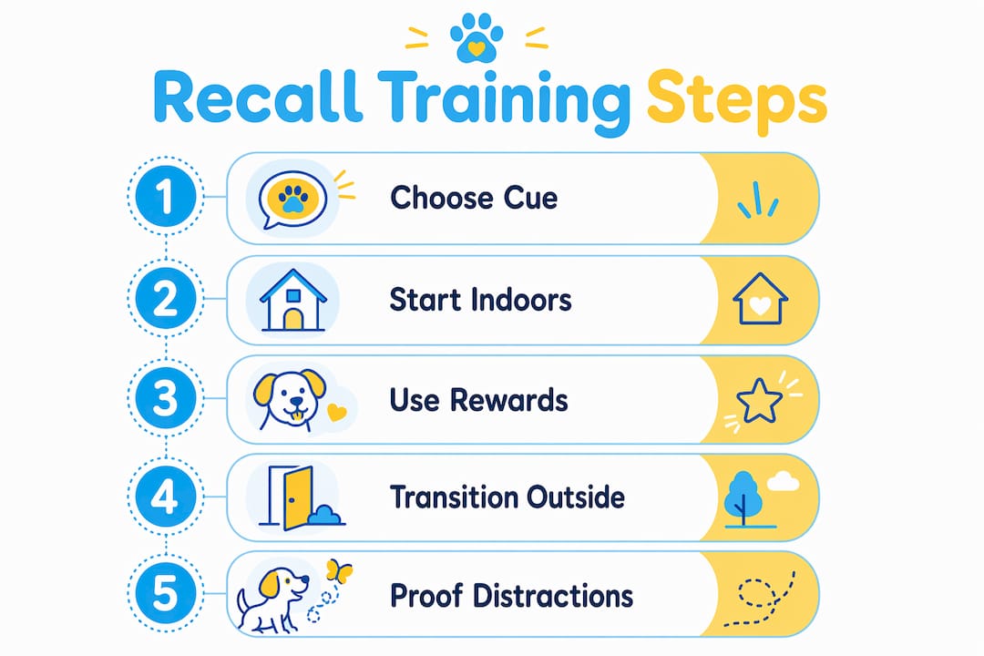 Infographic showing dog recall training step-by-step
