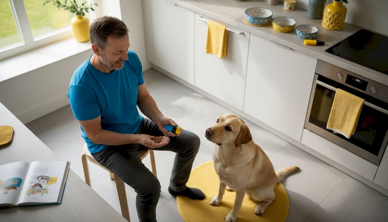 Man using treats and clicker to train dog indoors