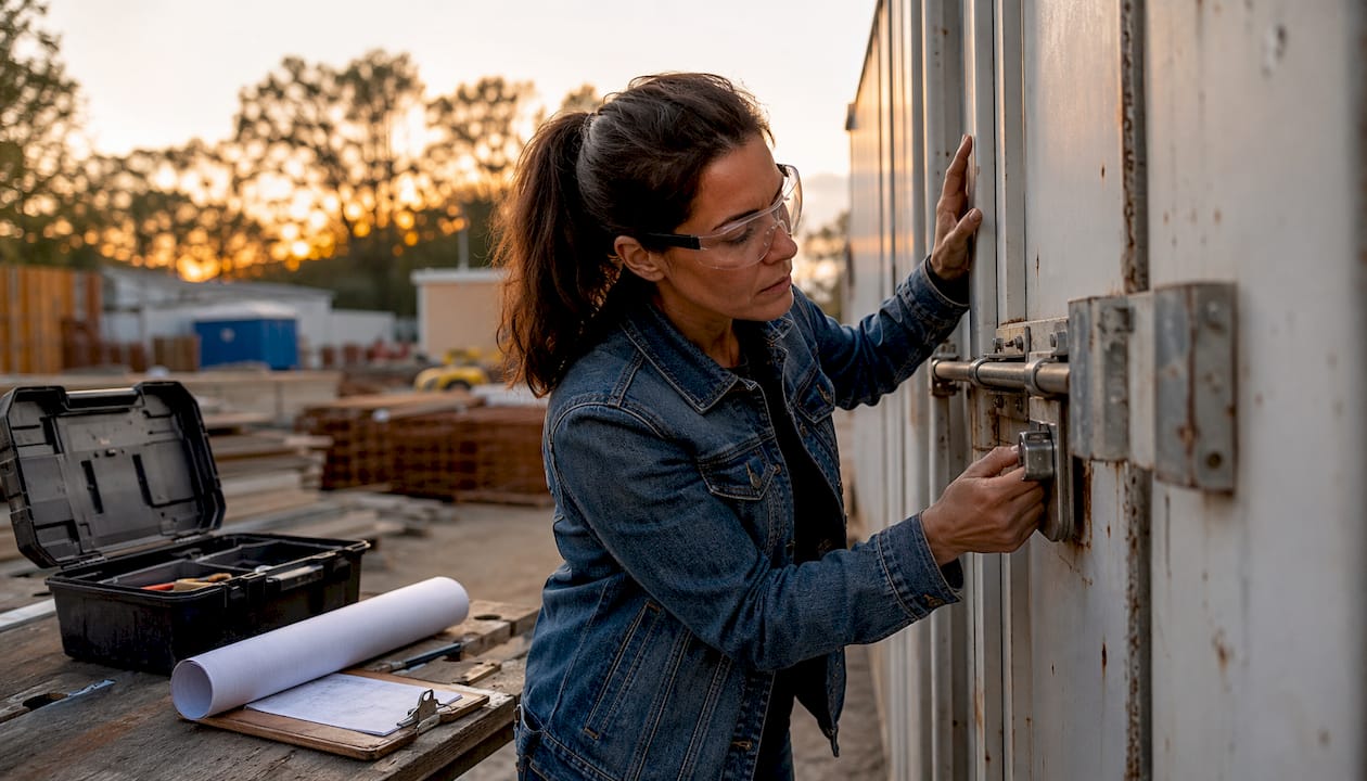 Close-up of hands inspecting trailer door lock