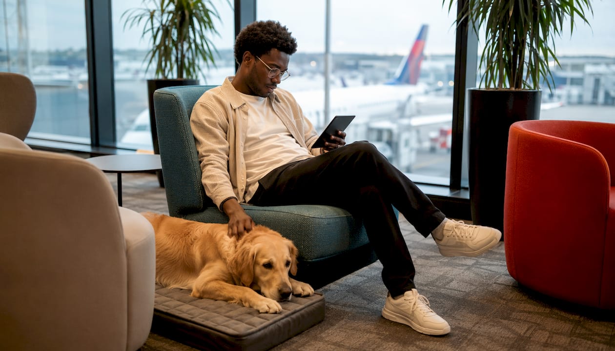 Passenger with relaxed service dog during flight