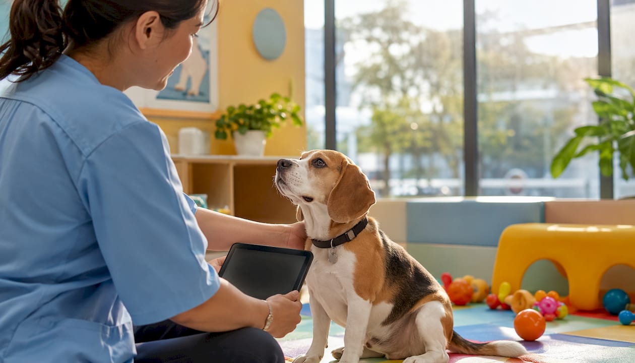 Veterinarian with dog and tablet in clinic