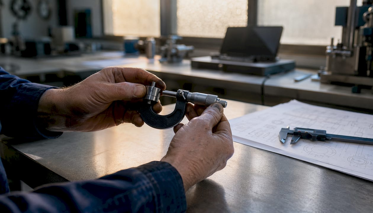Hands measuring custom part with micrometer
