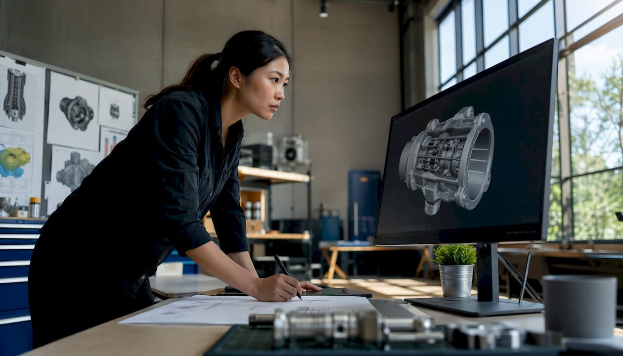 Engineer reviewing aerospace custom component CAD