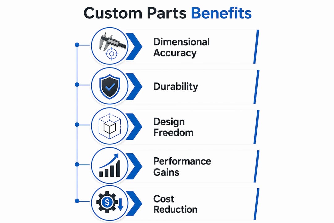 Infographic showing key benefits of custom parts for engineers
