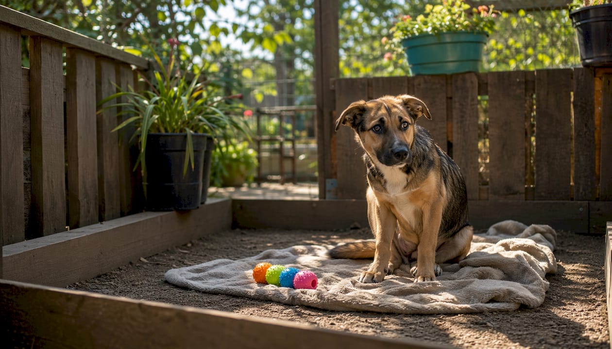 Anxious shelter dog in kennel