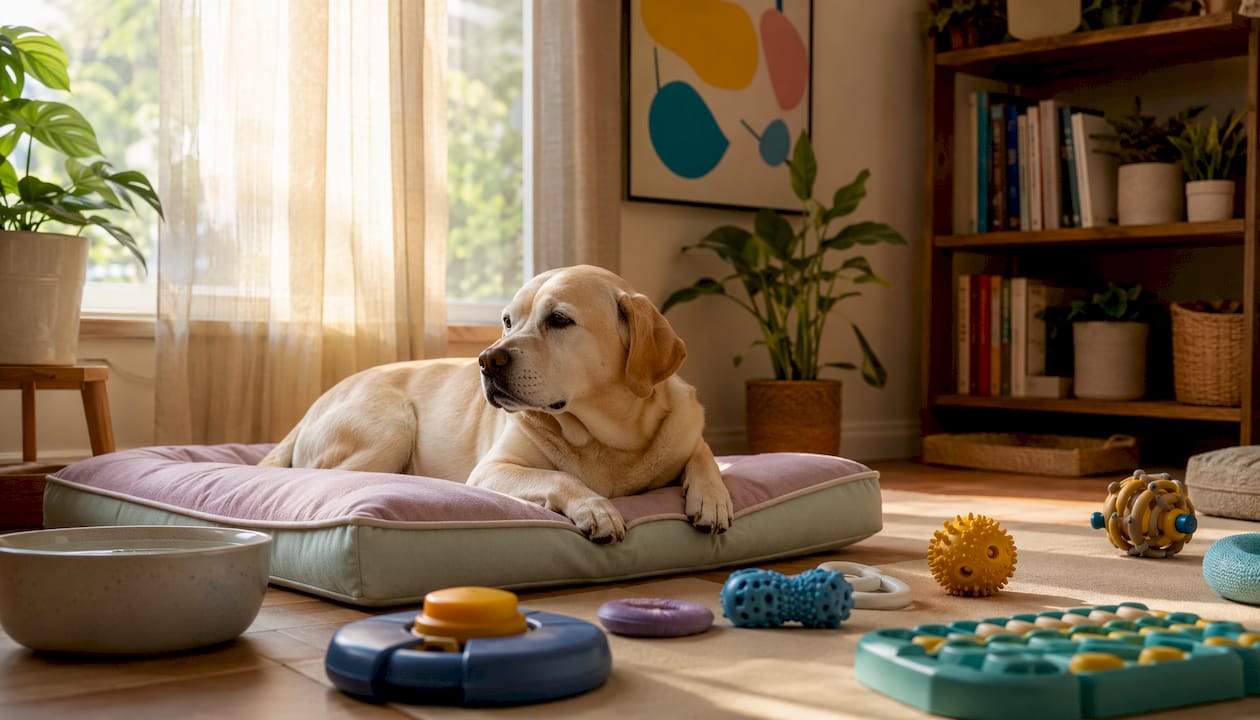 Calm dog resting in home play area