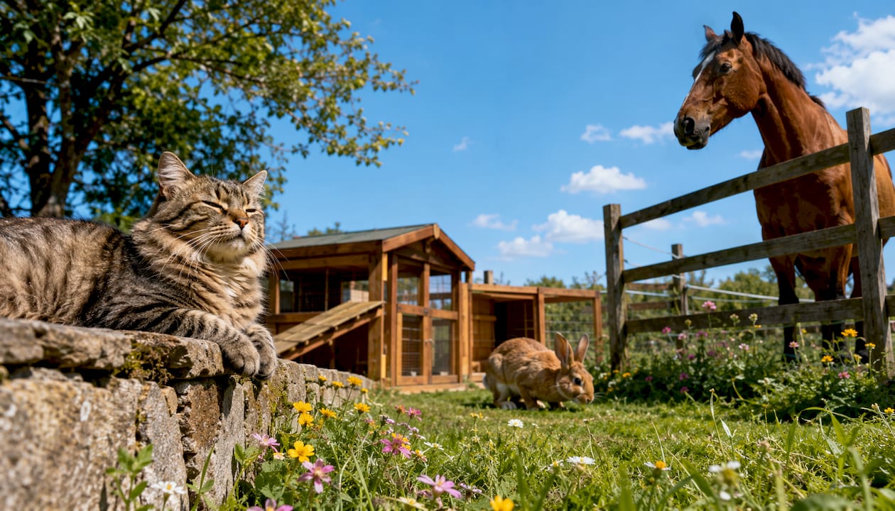 Cat, rabbit, and horse showing autonomy indoors