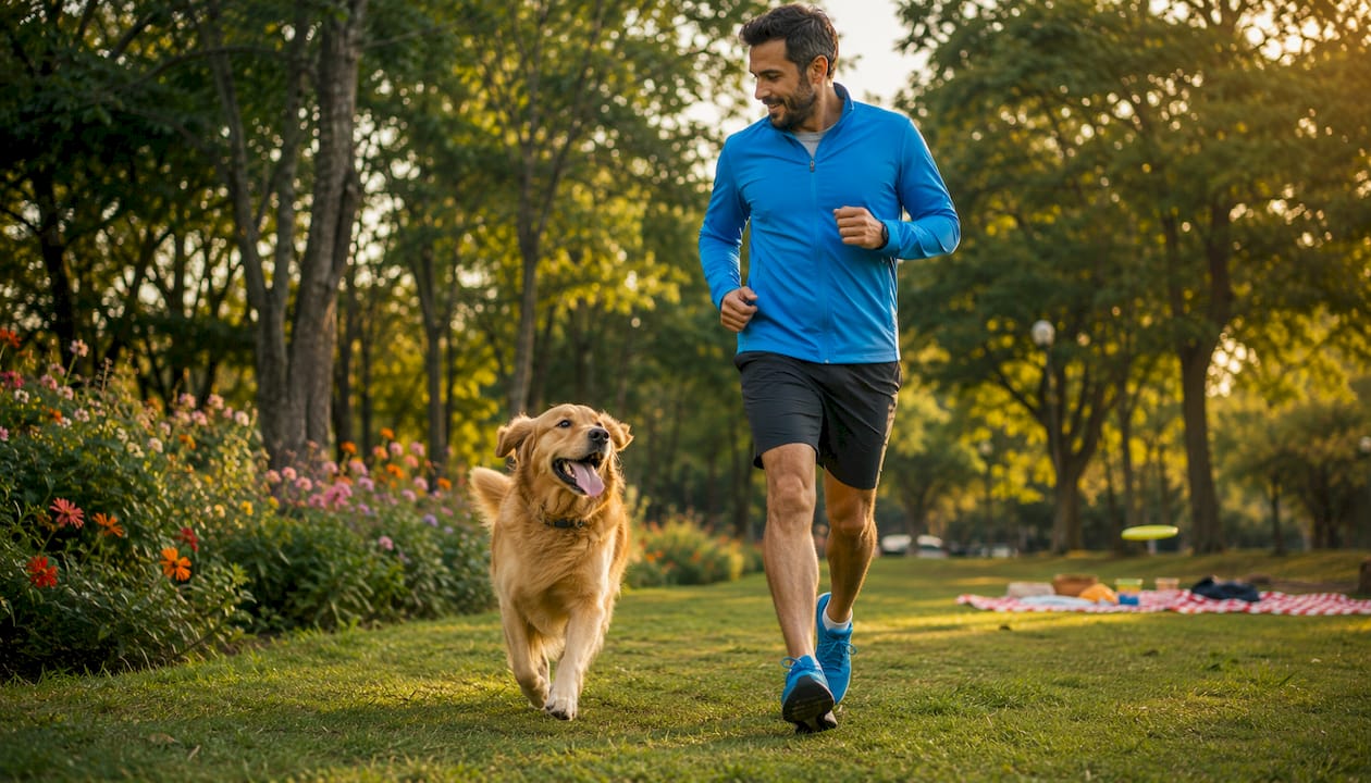 Man walking dog on trail for gradual fitness