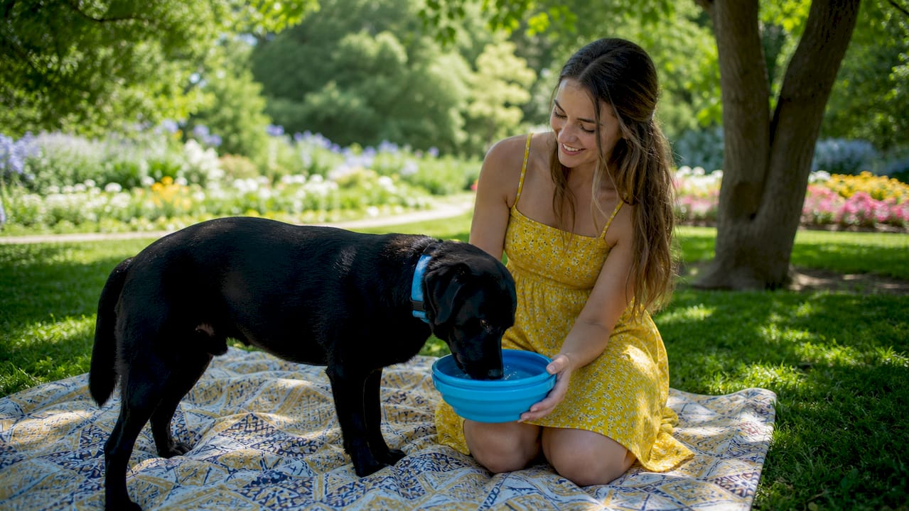 Dog drinking water from bowl outside