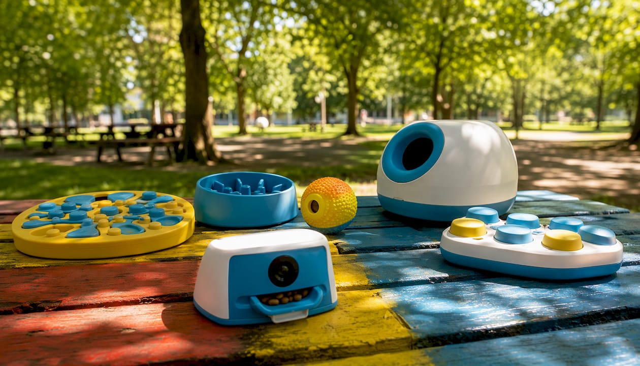 Collection of different interactive dog toys on floor