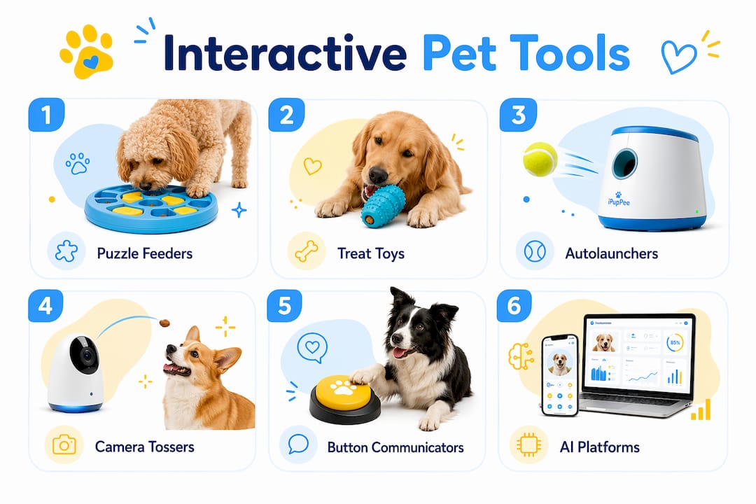 Infographic illustrating six categories of interactive pet tools