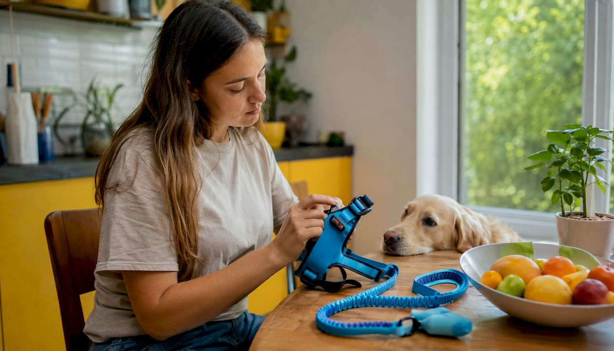 Woman checking fit of dog harness straps