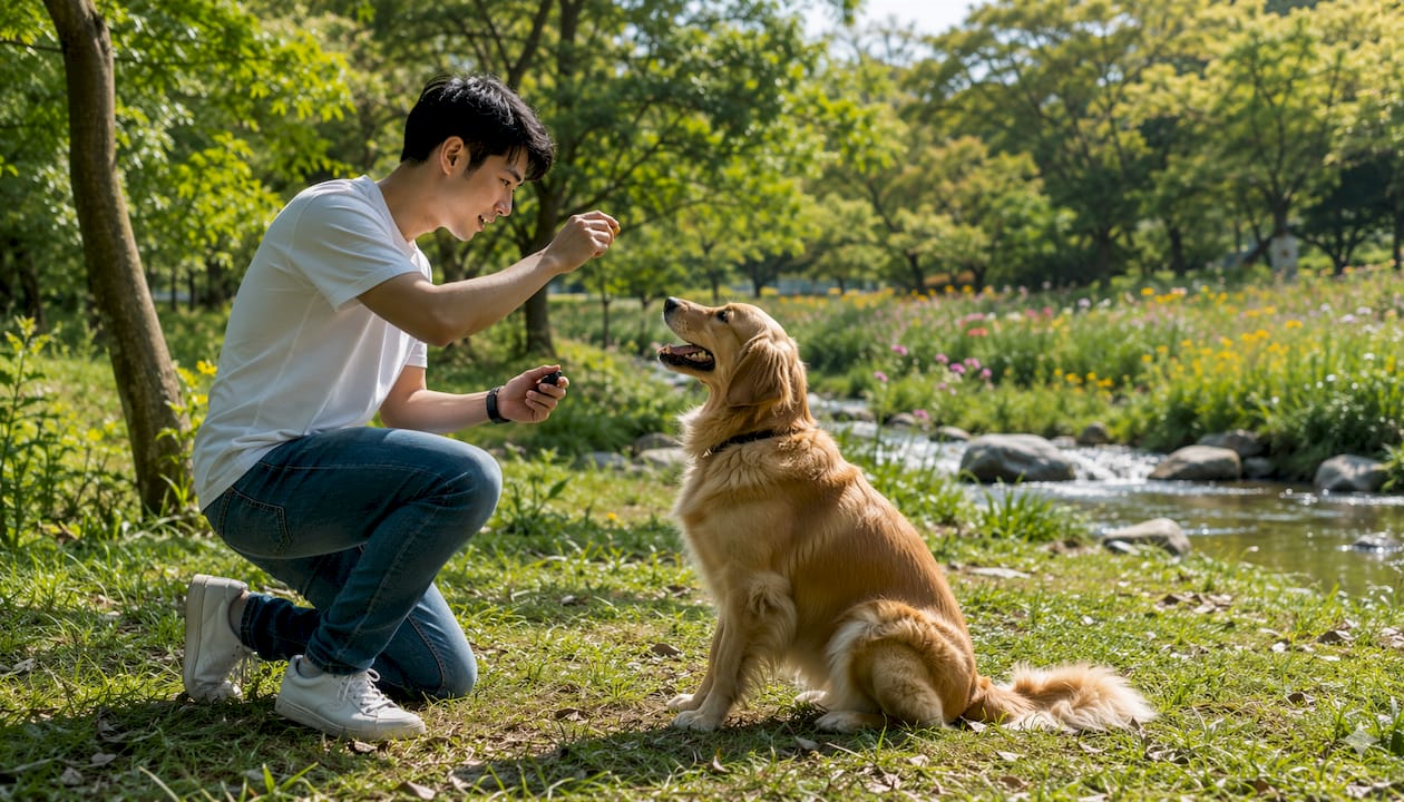 Man training dog with treat on porch