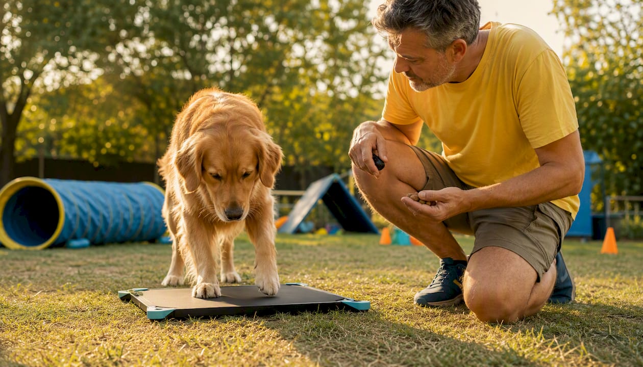 Trainer guiding dog to use pressure mat device