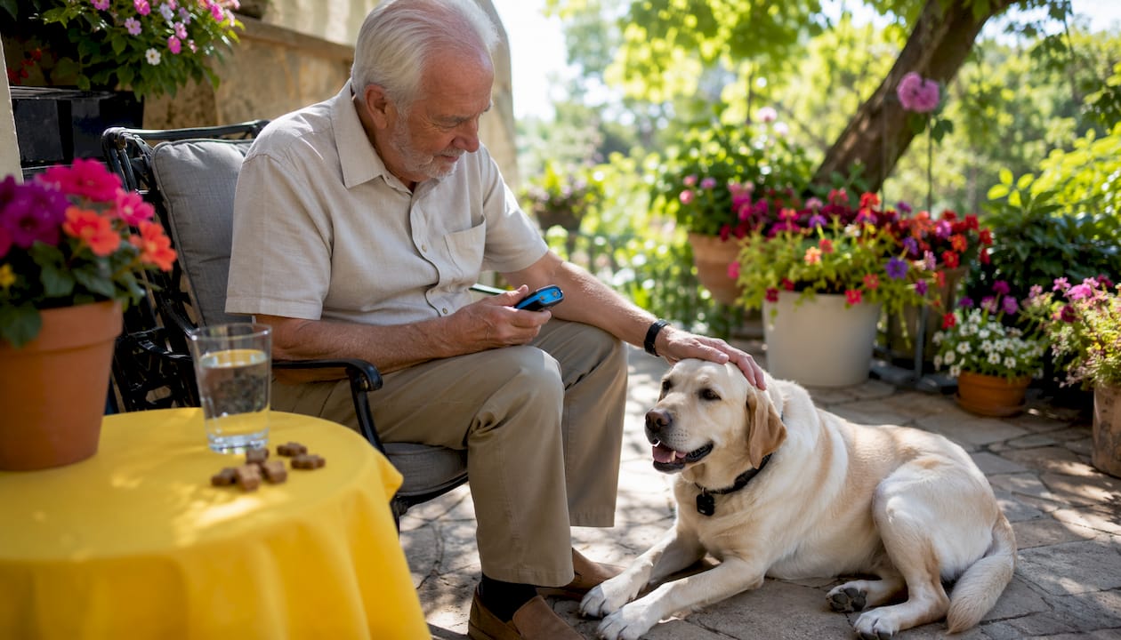 Owner using dog alert device at home