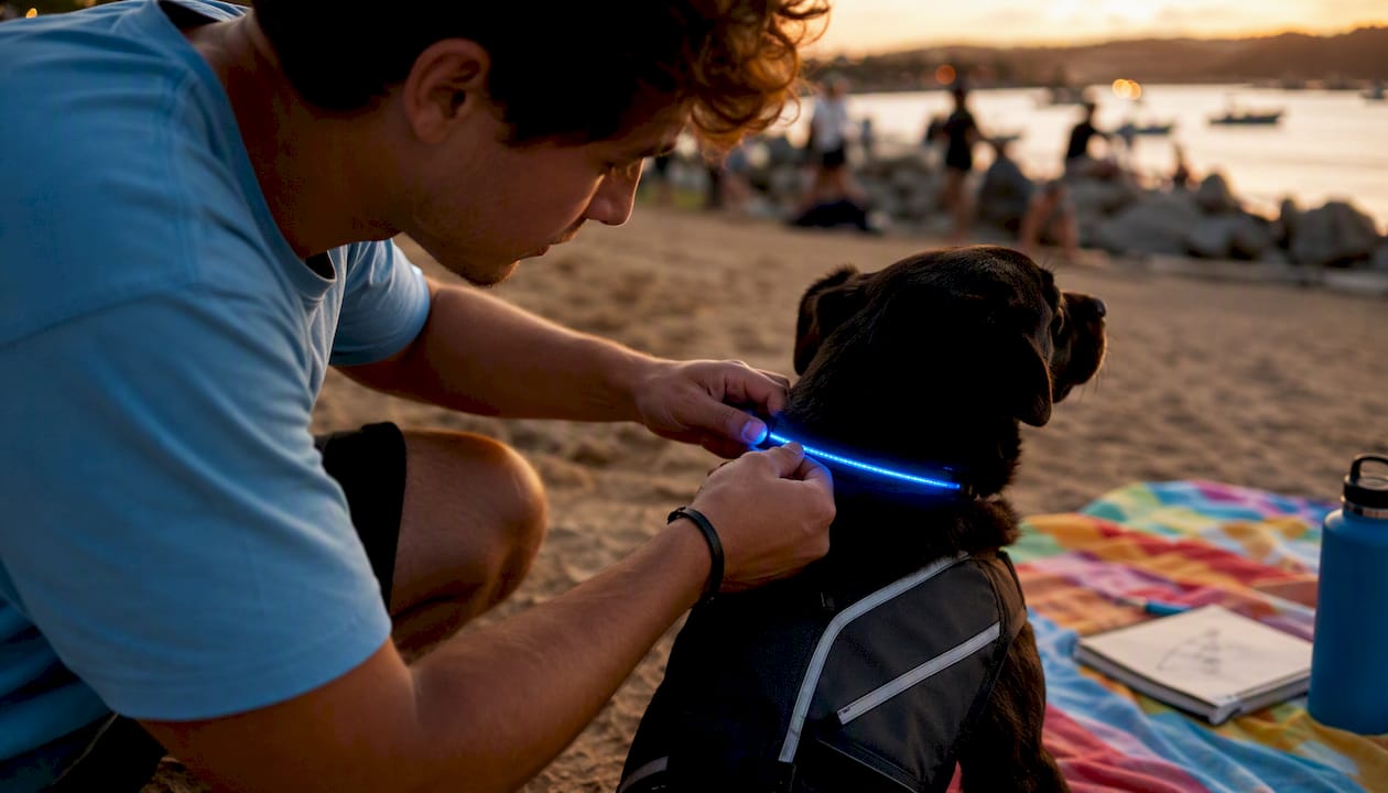 Dog walker attaching LED safety collar in park
