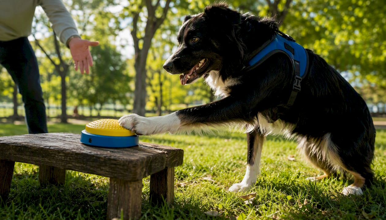 Service dog pressing assistive alert button