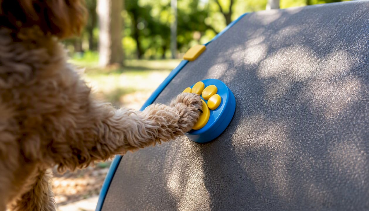 Dog paw pressing accessible button on foam ramp