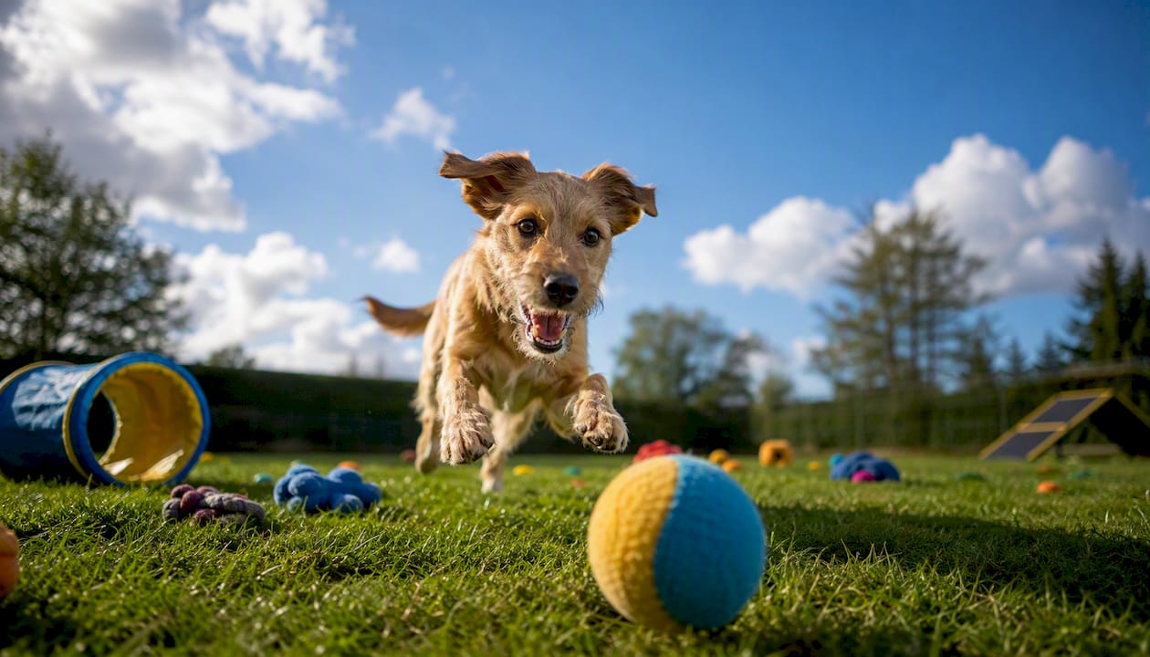 Dog engaged in enrichment play outdoors