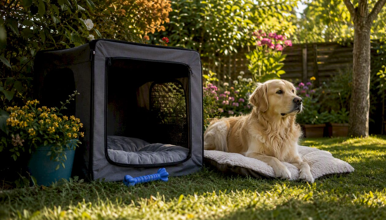 Dog calm near crate with chew toy