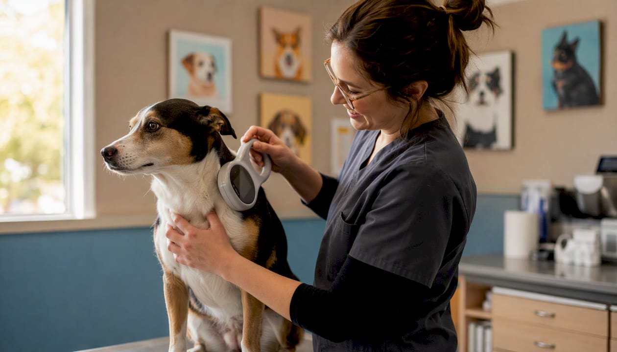 Vet scanning dog microchip