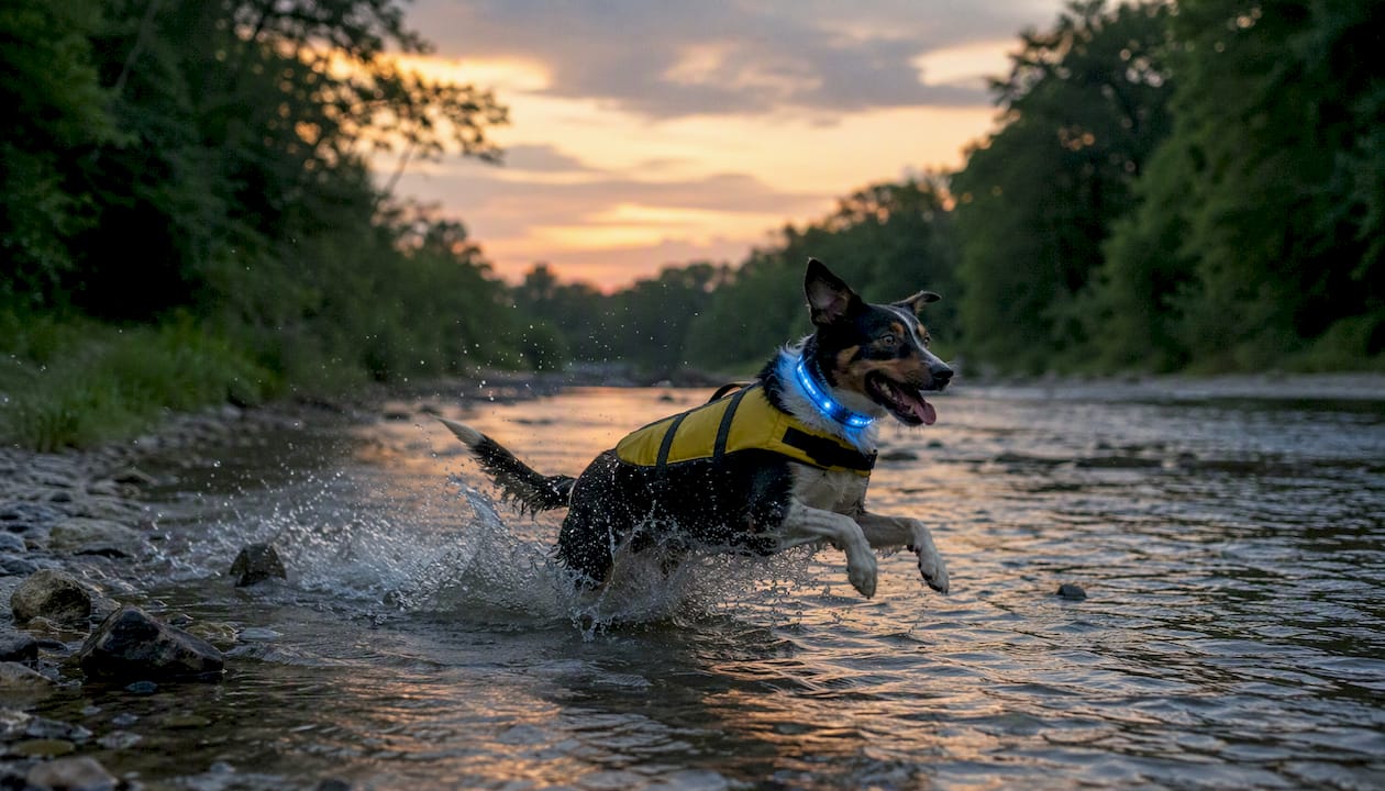 Dog running with LED collar and life jacket