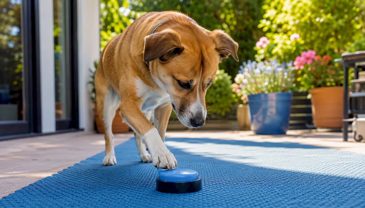 Dog pressing button during training session