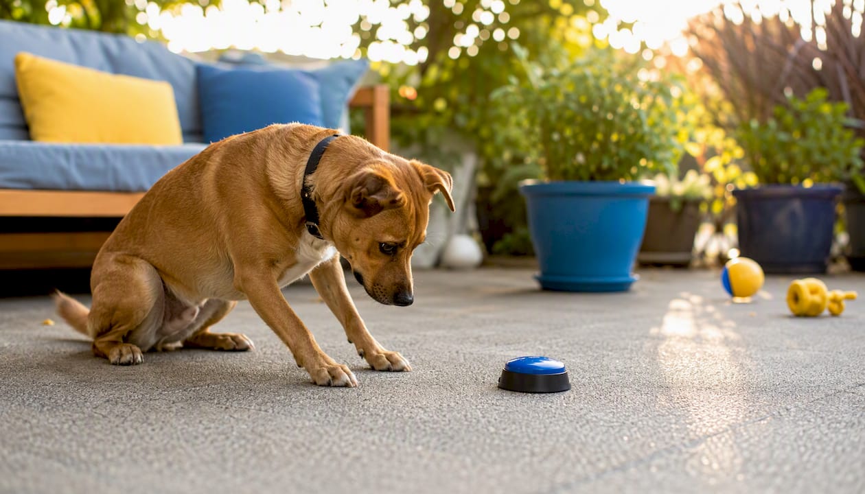 Dog focused pressing communication button at home