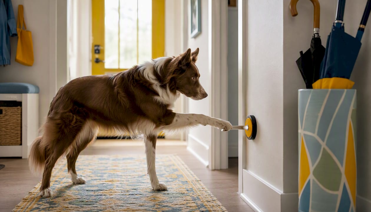 Dog pressing help button in home hallway