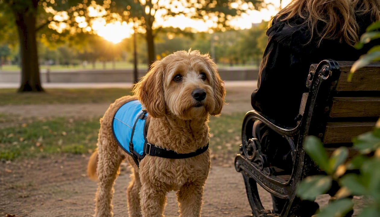 Service dog in alert vest outdoors