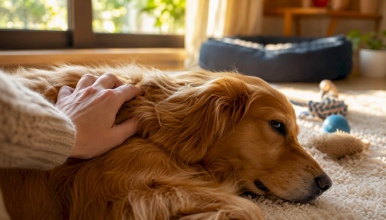 Hand stroking dog's fur gently