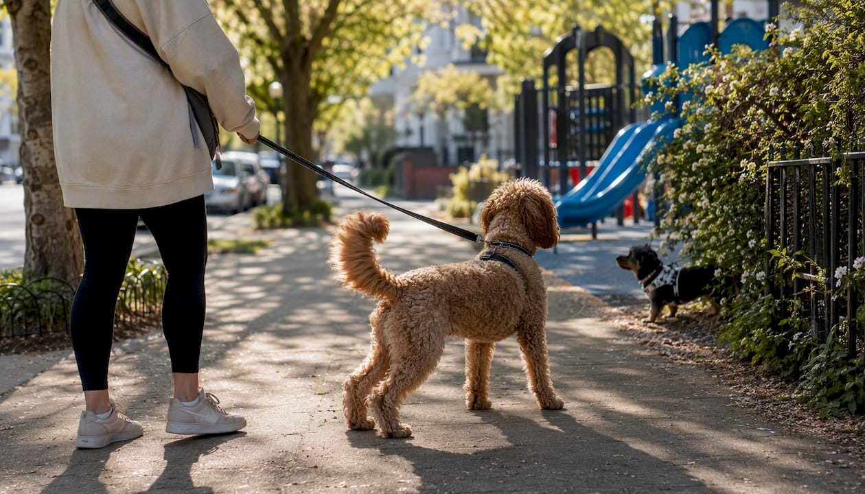Person walking dog in neighborhood