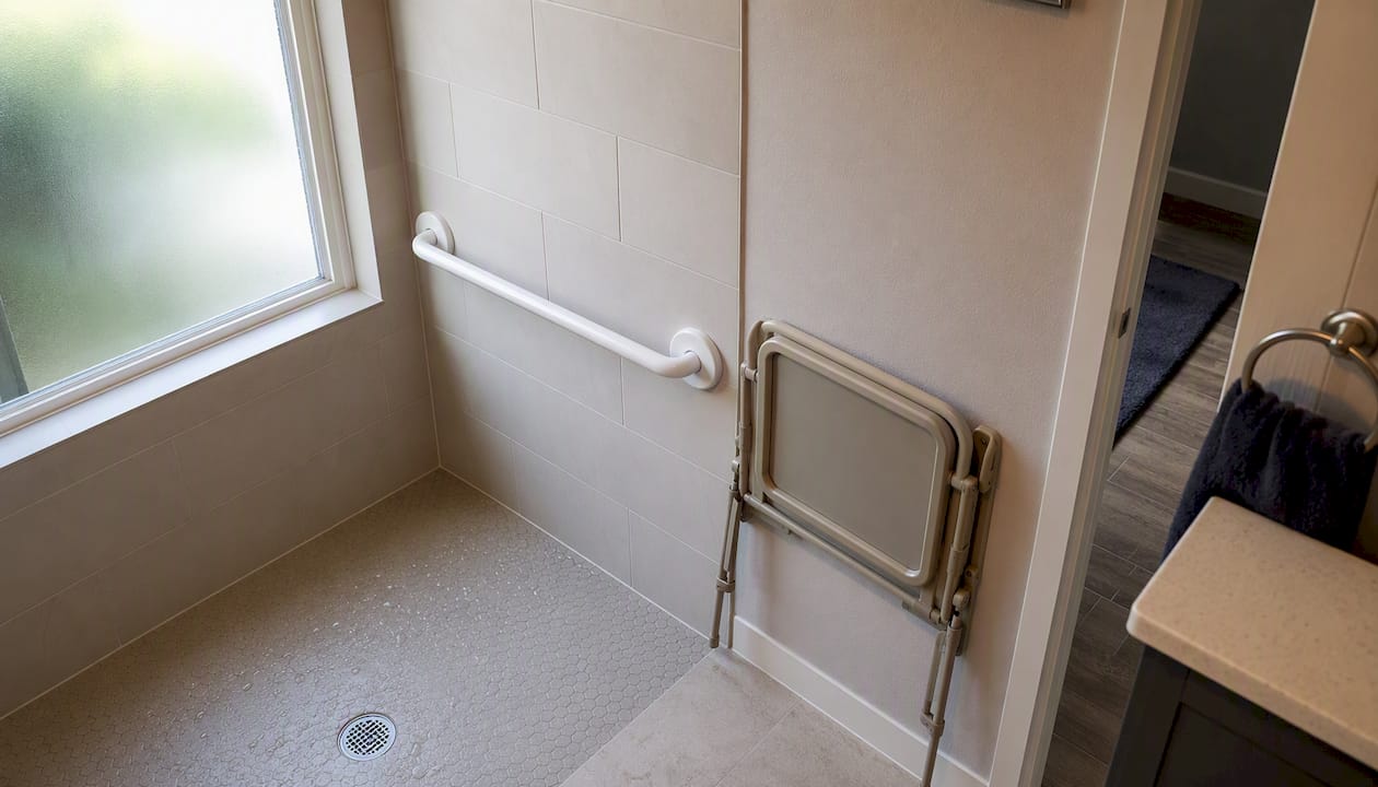Grab bar and non-slip shower floor in bathroom