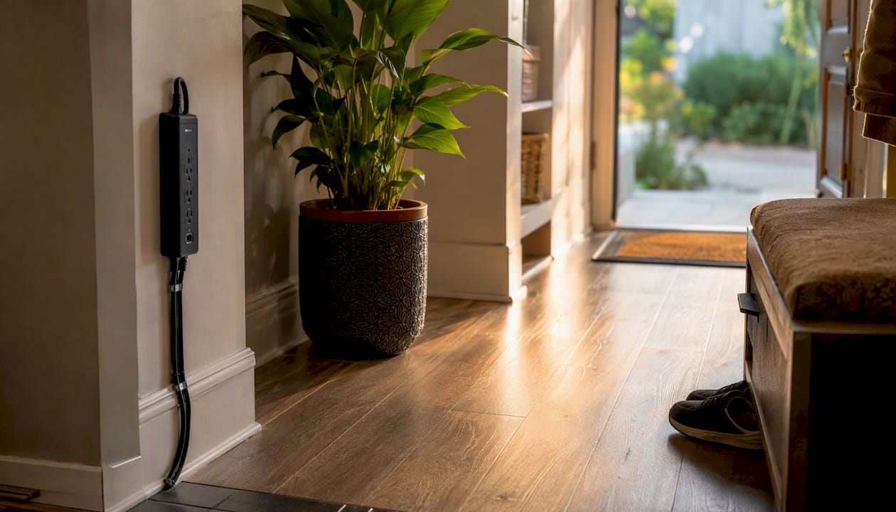 Power strip with safely arranged cords near houseplant