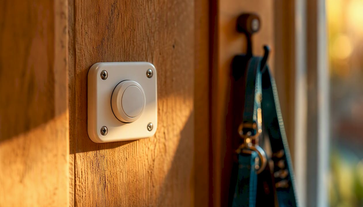 Close-up of securely mounted communication button