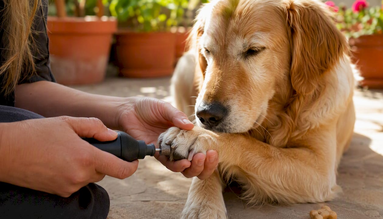 Hands clipping dog nails cautiously