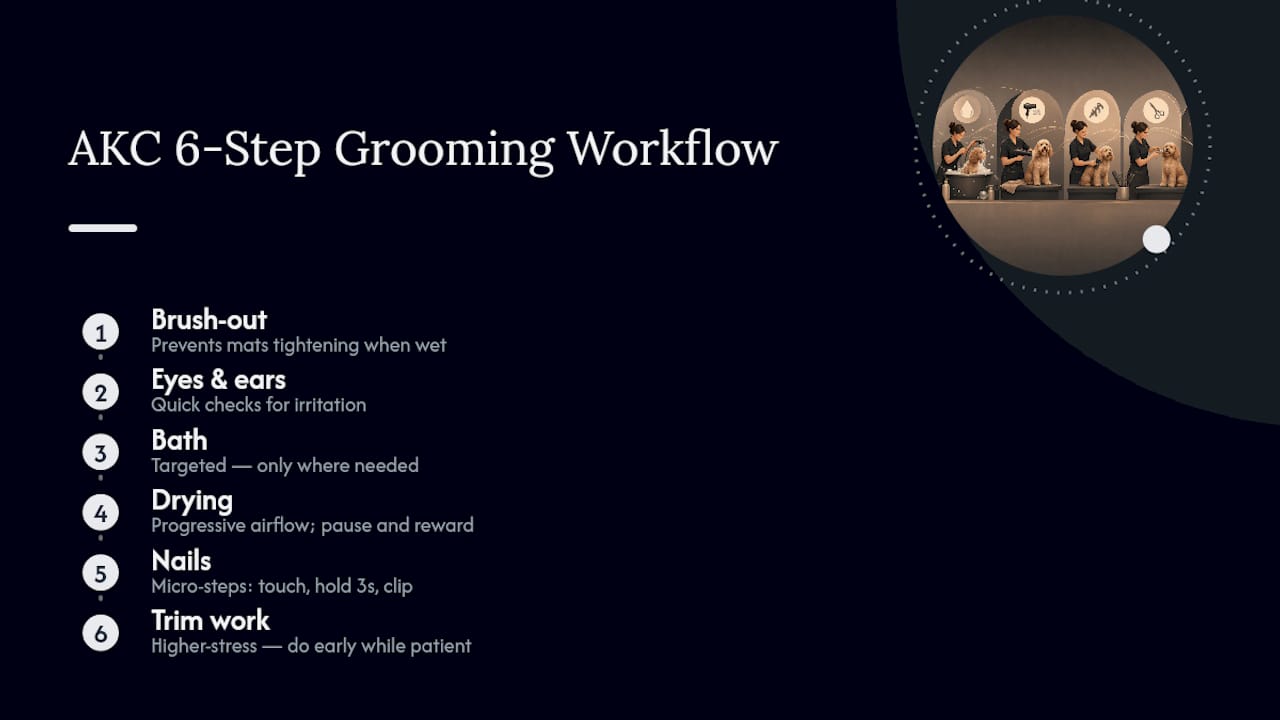 Six-step dog grooming workflow diagram