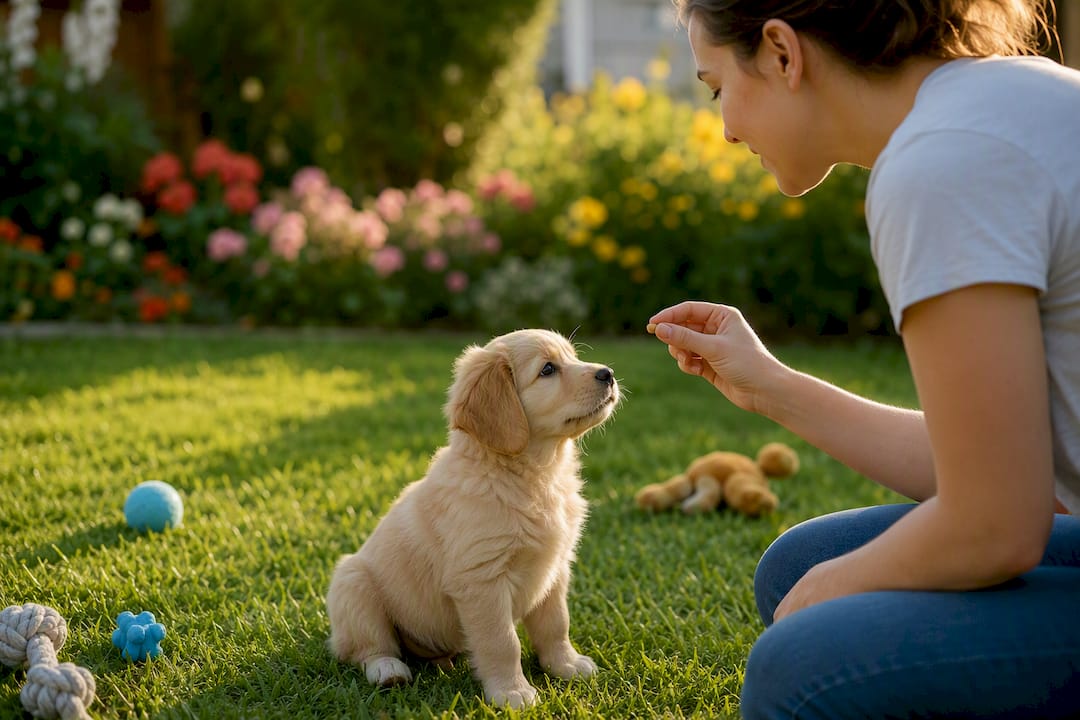 Puppy receiving treat during short training session