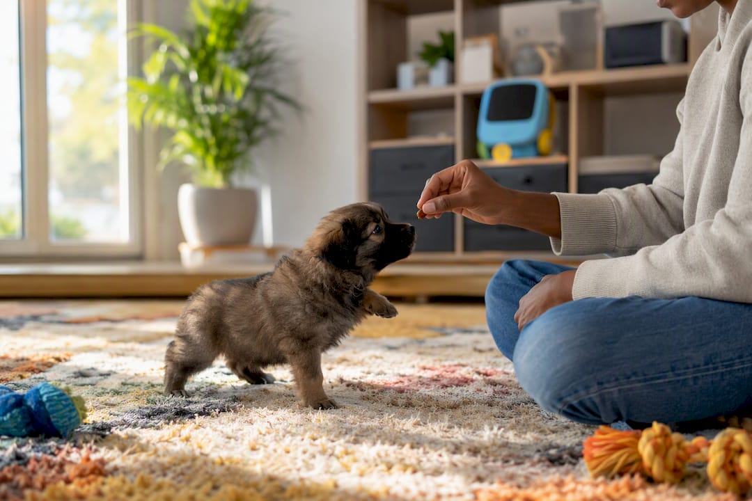 Puppy starting socialization with treat guidance
