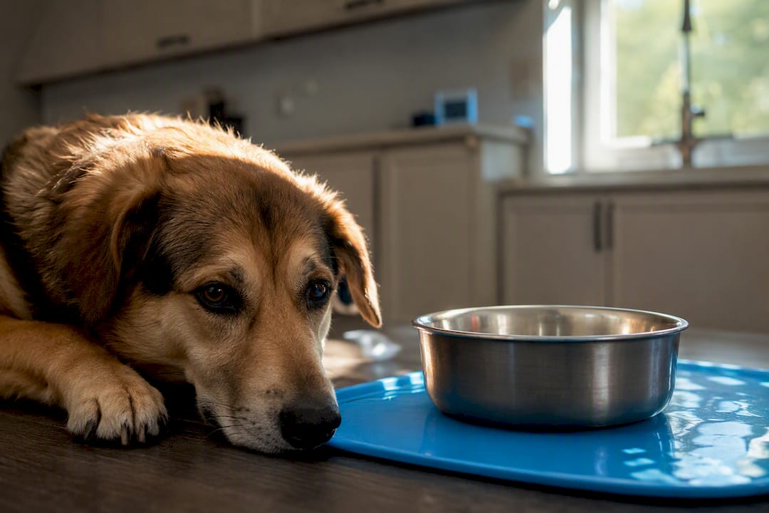 Calm dog resting near empty bowl