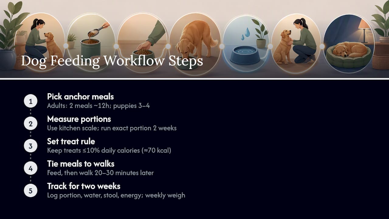 Diagram of five-step dog feeding workflow