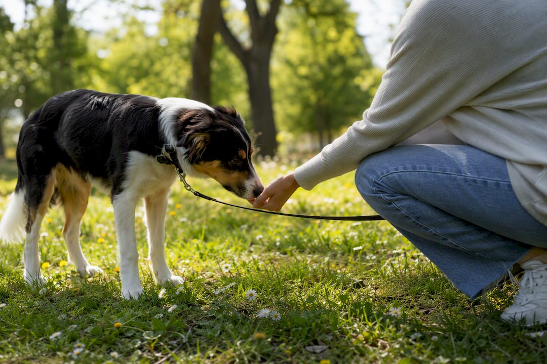 Dog sniffing adopter's hand during meet-and-greet