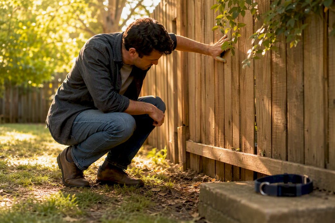 Hand pointing at gap in backyard fence