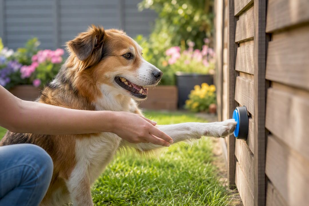 Dog pressing communication device button