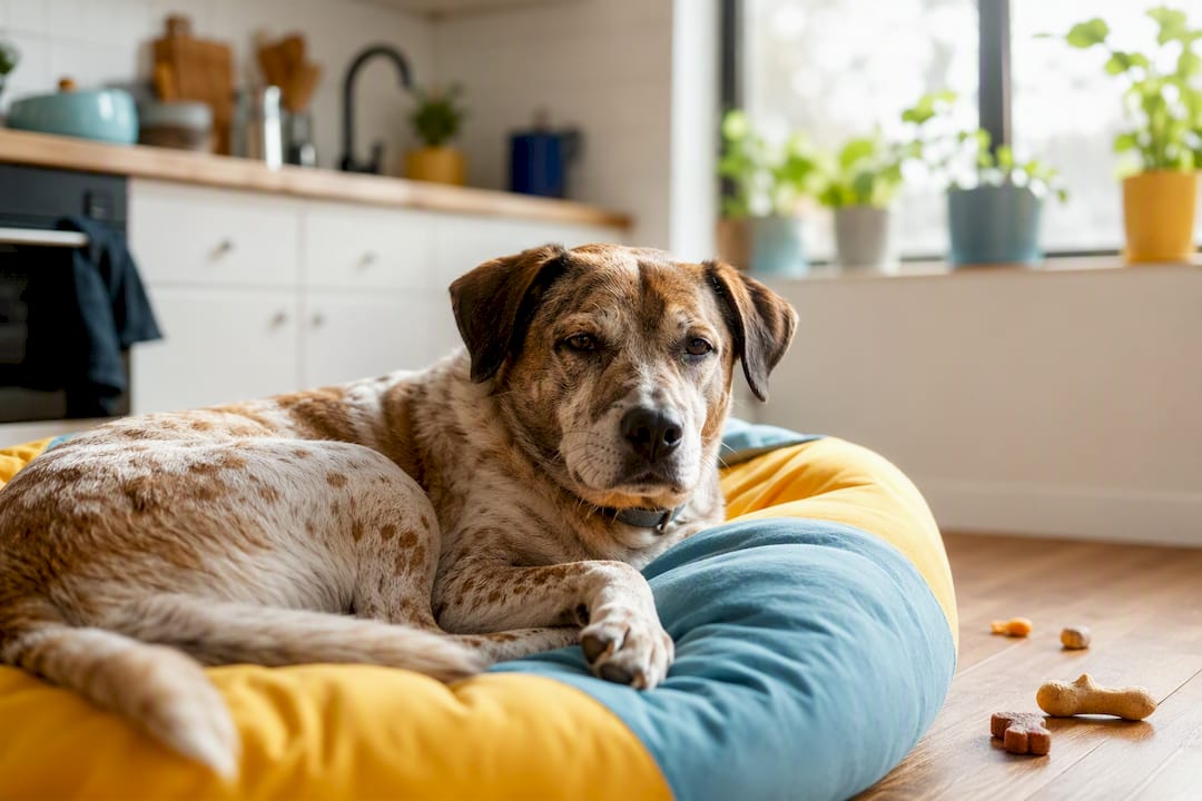Calm adult rescue dog resting indoors